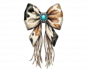 Western Cowhide Coquette Bow PNG, Turquoise Boho Bow Sublimation, Cow Print Fringe Bow Clipart, Southern Belle PNG, Country DTG Shirt Design