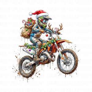 May include: A watercolour illustration of a motocross rider wearing a Santa hat and reindeer antlers, riding an orange dirt bike. The bike is decorated with Christmas lights and the rider carries a sack of gifts. The image has a festive holiday theme.