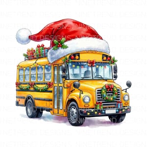 May include: A festive illustration of a yellow school bus adorned for Christmas. It features a red Santa hat, a wreath, and fairy lights. Presents are on the roof. The windows have snowflakes.