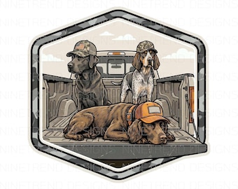 Jachthonden badge PNG, Lab Coonhound-spaniël op sublimatie pick-up Truck, Camo Frame Hunter Life Clipart, Heren Outdoor Shirt Design DTF