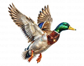 Luxury Sequin Mallard Duck PNG, Sparkle Wildlife Sublimation, Glitter Waterfowl Clipart, Glamorous Flying Duck, Hunter Wife Jewelry DTG
