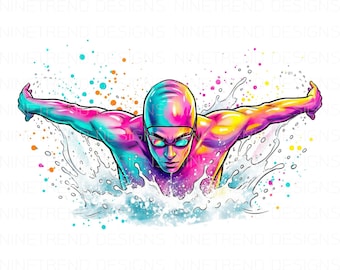 Male Swimmer Butterfly Stroke PNG, Vibrant Neon Swimming Sublimation, Colorful Water Splash Athlete Clipart, Competitive Swim Coach Gift DTF