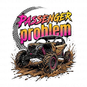 Puede incluir: Diseño gráfico que presenta un vehículo todoterreno con estampado de leopardo, salpicando barro. El texto "PASSENGER problem" es rosa y amarillo. Un gráfico de huella de neumático está en el fondo.