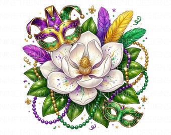 Mardi Gras Magnolia PNG, zuidelijke bloemenmasker sublimatie, New Orleans witte magnolia kunst, carnaval bloem shirt design, Fat Tuesday bloemen