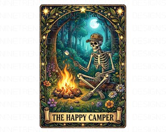 De Happy Camper tarotkaart png, grappige skelet camping sublimatie, vreugdevuur marshmallow schedel, heksen buitencadeau, shirt goth wandelaar, DTF