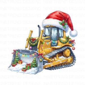May include: A yellow bulldozer decorated for Christmas, wearing a Santa hat and festive garland. The blade is covered in snow, Christmas trees, and wrapped gifts. String lights and baubles add to the holiday cheer.