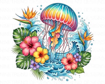 Rainbow Jellyfish Tropical Flowers PNG: Summer ocean sublimation Trending T-Shirt Design (Digital Download)