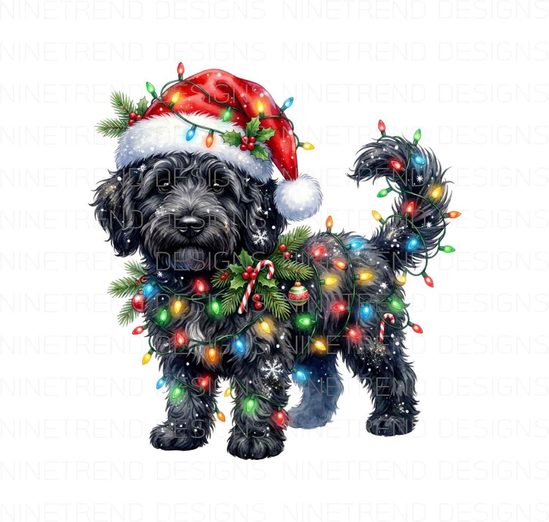 Black Doodle Dog Christmas PNG, Watercolor Labradoodle Santa Hat ...