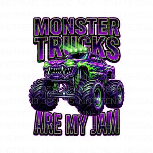 Monster Trucks Are My Jam PNG, Monster Truck morado y verde por sublimación, diseño de camiseta de carreras para niños, clipart de Monster Jam, cumpleaños infantil DTG