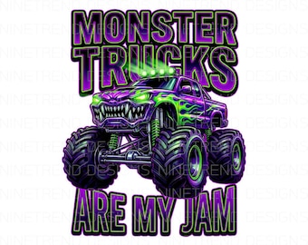 Monster Trucks Are My Jam PNG, Fioletowo-zielona sublimacja Monster Truck, Projekt koszulki wyścigowej dla chłopców, Clipart Monster Jam, Urodziny malucha DTG