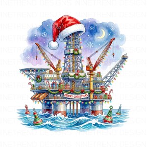 May include: Watercolor illustration of an oil rig decorated for Christmas, with a Santa hat on top. The rig is adorned with lights, wreaths, and gifts, with the words "Merry Christmas" on a banner. The scene includes buoys in the water and a snowy sky.