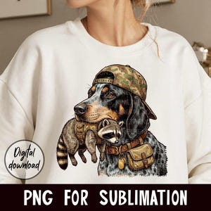 May include: Digital download graphic featuring a dog wearing a camouflage cap and a raccoon in a vest. The dog has black, white, and brown fur. The raccoon is brown and gray. The text "PNG FOR SUBLIMATION" is at the bottom.