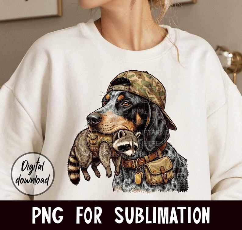 May include: Digital download graphic featuring a dog wearing a camouflage cap and a raccoon in a vest. The dog has black, white, and brown fur. The raccoon is brown and gray. The text "PNG FOR SUBLIMATION" is at the bottom.