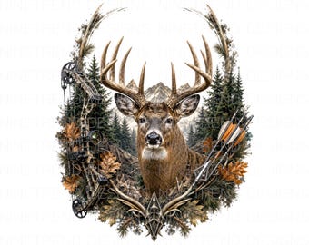 Witstaarthertjacht PNG, Sublimatieontwerp voor boogjager, Clipart van hertengeweien voor boogschieten, Camouflage outdoor shirt afbeelding