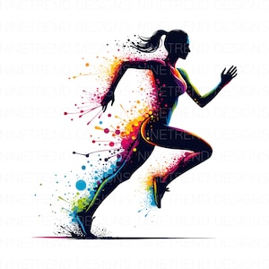 Könnte beinhalten: Eine Silhouette einer Person, die mit bunten Farbspritzern im Hintergrund rennt. Die Farbspritzer sind in Rot-, Orange-, Gelb-, Grün-, Blau- und Violetttönen.