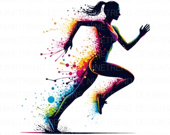 Può includere: Una silhouette di una persona che corre con schizzi di vernice colorati sullo sfondo. Gli schizzi di vernice sono in tonalità di rosso, arancione, giallo, verde, blu e viola.
