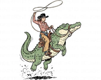 Cowgirl Riding Alligator PNG, Pink Western Sublimation, Southern Girl Shirt Design, Funny Swamp Rodeo Art, Vintage Coastal Cowgirl