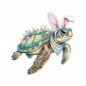 Pode incluir: Ilustração extravagante de uma tartaruga marinha adornada com decorações de Páscoa. A tartaruga usa orelhas de coelho e uma bandana estampada. Sua carapaça é decorada com ovos de Páscoa, flores e luzes.