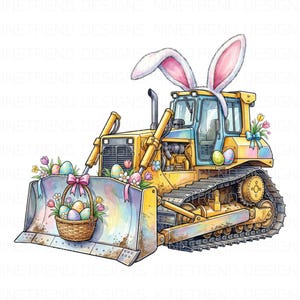 Könnte beinhalten: Aquarell-Illustration eines gelben Bulldozers, der für Ostern dekoriert wurde. Der Bagger hat Hasenohren, einen Korb mit Ostereiern und bunte Blumen. Das Bild hat den Text "NINETREND DESIGNS" wiederholt.