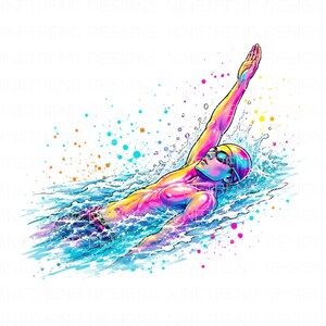 May include: A vibrant digital illustration of a swimmer performing a backstroke in water. The figure is rendered in bright neon pink, yellow, and blue gradients with dynamic splashes and dots surrounding the swimmer against a white background.