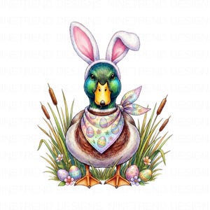 May include: A watercolor illustration of a duck wearing bunny ears and a patterned bandana. The duck is surrounded by grass, cattails, and Easter eggs. The duck has a green head, brown body, and yellow beak. The bandana has Easter egg designs.
