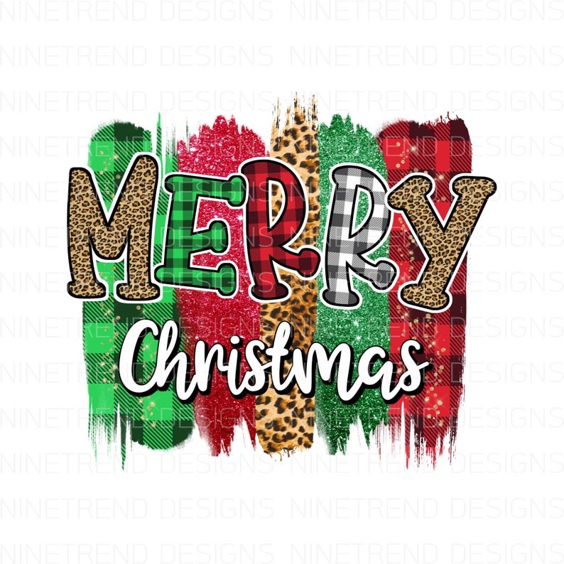 May include: A digital design featuring the words "Merry Christmas" in a festive font. The letters are decorated with various patterns, including plaid, leopard print, and glitter. The background is a colorful abstract design with brushstrokes.