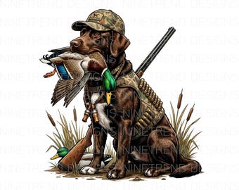 Chocolade labradorhond jacht png, jachthond sublimatie, watervogels retriever splash, wilde eend png, heren jager cadeau DTF ontwerp