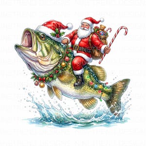 ceramic santa with fish and fishing pole Santa Riding Fish