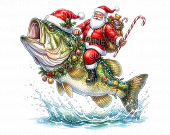 Christmas Fishing PNG, Santa Riding Bass Fish Sublimation, Funny Angler Xmas Gift, Watercolor Largemouth Bass, Fisherman Dad Shirt, DTF