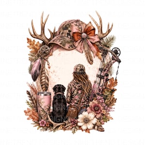 May include: A digital illustration featuring a person with long hair wearing a camouflage hoodie and cap, sitting beside a black dog. The scene includes a compound bow, a pink tumbler, deer antlers, feathers, and autumn leaves in a circular frame.
