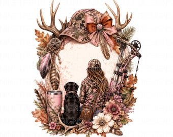 Roze camouflage jacht PNG, meisje jager met zwarte labrador sublimatie, compoundboog hertenhoorn bloemenontwerp, digitale download