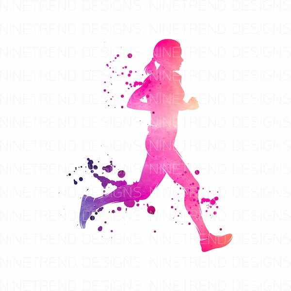 Silhouette Woman Running Marathon PNG, Silhouette Watercolor Sublimation Designs Downloads, Instant Download Sublimation Graphics PNG