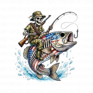 May include: A digital illustration depicts a skeleton in camouflage riding a fish decorated with the American flag. The skeleton holds a rifle and fishing rod, with water splashing around the fish. A unique design for fishing enthusiasts.