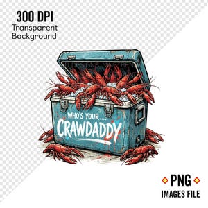 Puede incluir: Una nevera azul llena de cangrejos de r&iacute;o rojos cocidos y hielo. La nevera tiene el texto "WHO'S YOUR...CRAWDADDY" en letras blancas y rojas. La imagen es un archivo PNG con fondo transparente.
