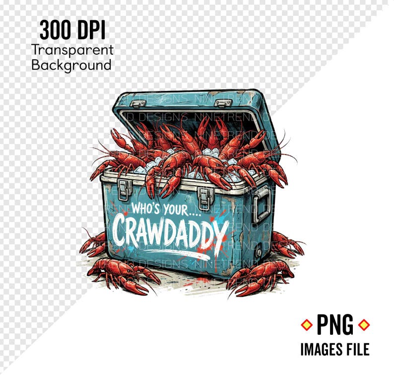 Puede incluir: Una nevera azul llena de cangrejos de r&iacute;o rojos cocidos y hielo. La nevera tiene el texto "WHO'S YOUR...CRAWDADDY" en letras blancas y rojas. La imagen es un archivo PNG con fondo transparente.