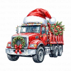 May include: A red Christmas-themed dump truck. It's adorned with a Santa hat, a wreath with a red bow, and a truck bed filled with gifts and baubles. The cab is decorated with fairy lights.