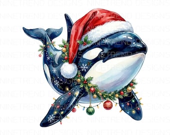 Orca Weihnachten PNG, Killerwal Sublimation, Weihnachtsmütze Meerestier, Meeresleben Urlaub DTF, Süßes Ozean Weihnachten, Walliebhaber Geschenk Design
