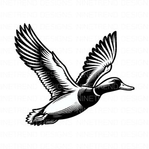 May include: A black and white illustration of a duck in flight. The duck has its wings spread wide and its head turned to the side. The illustration is done in a vintage style.