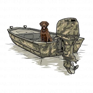May include: A brown Labrador Retriever sits in a camouflage-patterned motorboat. The boat is on the water, and a camouflage outboard motor is attached to the stern. The image has a cartoon style.