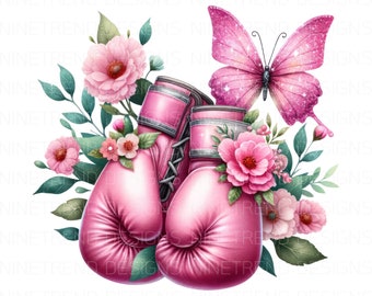 Breast Cancer Awareness Boxing Gloves with Butterfly Flowers PNG (Digital Download)