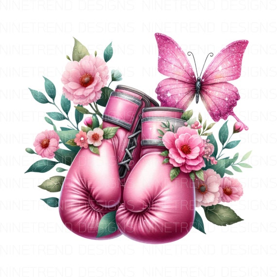 Breast Cancer Awareness Boxing Gloves With Butterfly Flowers