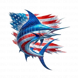 Blue Marlin American Flag PNG, Blue Marlin Fish Sublimation PNG, Junk Journal, Saltwater Fish Png, Instant download, Commercial Use
