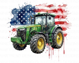 Tractor patriótico PNG, Tractor agrícola verde, Acuarela de la bandera estadounidense, Sublimación del 4 de julio, Vida en la granja DTG DTF, Descarga digital