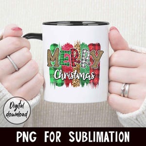May include: White ceramic mug with a black rim and handle. The mug features a colorful design with the words "Merry Christmas" in a festive font.