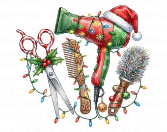 Christmas Hair Stylist PNG, Watercolor Hairdresser Tools Sublimation, Santa Hat Blow Dryer Shear, Salon Holiday Gift, Cosmetology Shirt, DTF