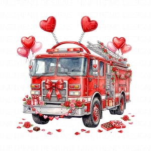 May include: A red fire truck illustration decorated with heart-shaped balloons, roses, and a large bow. The image includes a ladder, gifts, and scattered rose petals, creating a Valentine's Day theme.
