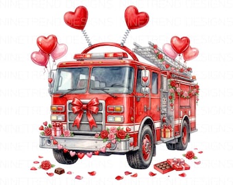 Valentine Fire Truck PNG, Watercolor Firefighter Sublimation, Firefighter Valentines Day Clipart, Fire Truck Design, DTF Digital Download