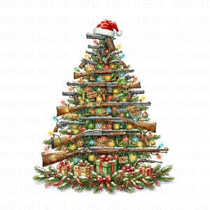 May include: A Christmas tree design made of various firearms, adorned with string lights and a Santa hat at the top. Presents and pine boughs are at the base of the tree. The text "NINETREND DESIGNS" is repeated across the image.
