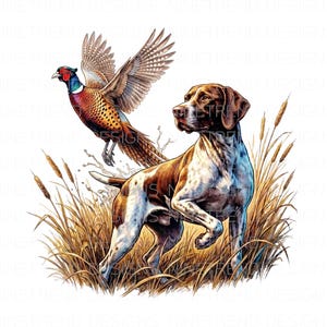 Fasanjakt PNG, sublimering av fågelhund, konst av pekarhund, design av höglandsjägare, vintage jaktskjorta, GSP-klippkonst, gåva för friluftsmänniskor