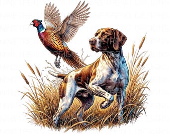 Pheasant Hunting PNG, Bird Dog Sublimation, Pointer Dog Art, Upland Hunter Design, Vintage Hunting Shirt, GSP Clip Art, Outdoorsman Gift